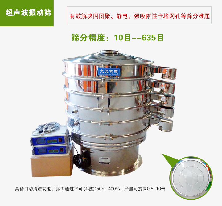 超聲波振動(dòng)篩具備自動(dòng)清潔功能，篩面通過(guò)率可以增加50%-400%，產(chǎn)量可提高0.5-10倍