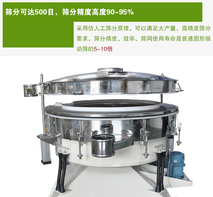 搖擺篩分機(jī)采用仿人工篩分原理，可以滿足大產(chǎn)量、高精度篩分 要求，篩分精度、效率、篩網(wǎng)使用壽命是普通圓形振 動篩的5-10倍